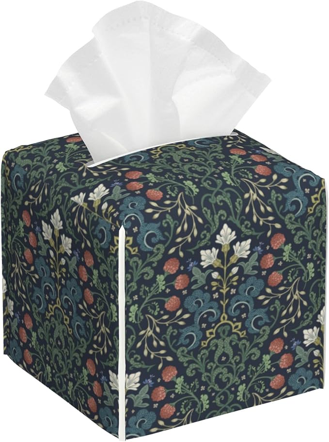 BLYKVGHQ Garden Flowers Square Tissue Box Cover William Morris Art Tissue Box Holder Facial Cube Paper Dispenser Leather Decorative Organizer Home Office Desk Decor, 5.2"x5.2"x5.2"