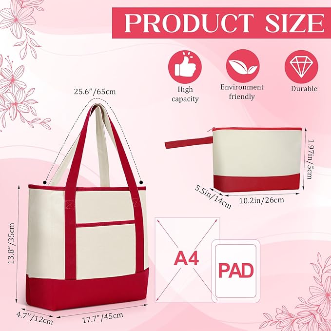 Sanwuta Canvas Tote Bags Bulk with Outer Pocket and Makeup Pouch 18'' Reusable Grocery Bags with Handles for Women Beach DIY