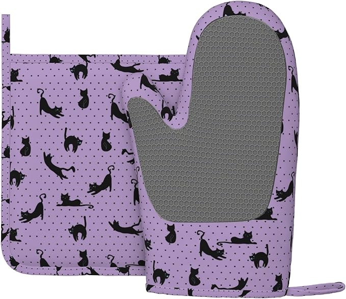 Black Cat Oven Mitts and Pot Holders Sets of 4,Resistant Hot Pads with Polyester Non-Slip BBQ Gloves for Kitchen,Cooking,Baking,Grilling