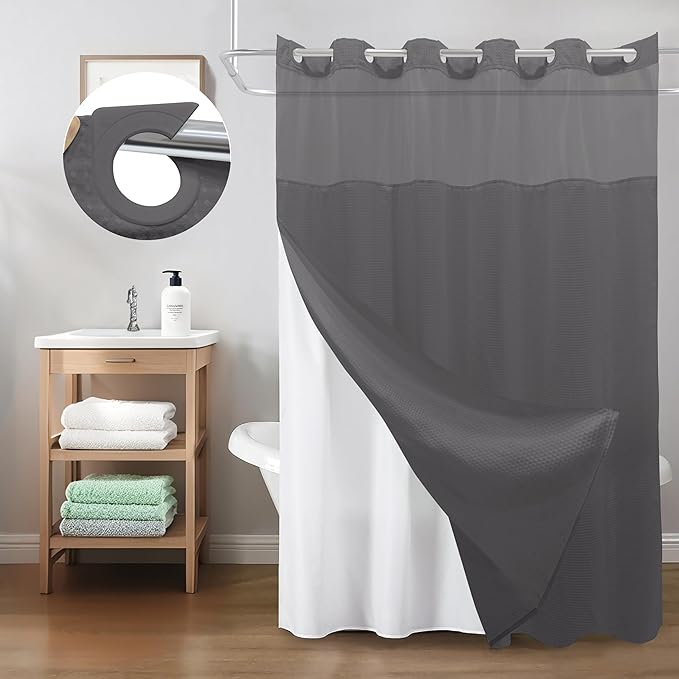 Inhousolu No Hook Shower Curtain with Snap in Fabric Liner Set Waffle Weave 230GSM Weighted Hem, Waterproof & Washable Bathroom Curtain Spa Luxury with Mesh Top Window 72" W x 72" L Graphite Grey