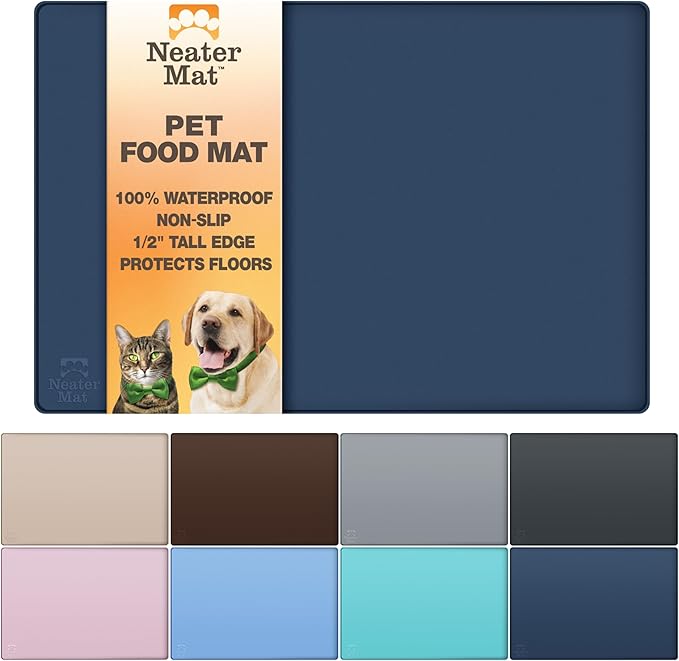 Neater Pet Brands Neater Mat Pet Mats for Food and Water, Cat & Dog Bowl Mat Waterproof Silicone, Feeding Tray, Dog Food Mats for Floors, Placemat w/Raised Edge for Under Bowls, 19” x 12”, Dark Blue