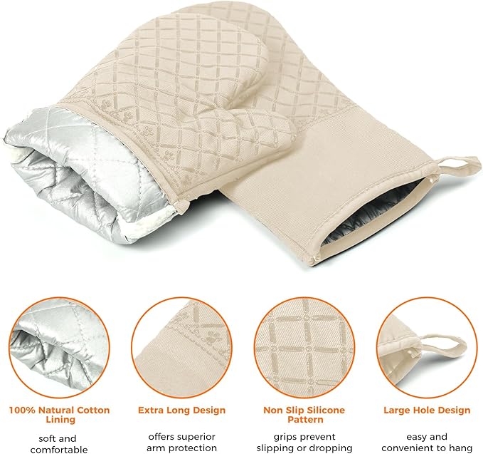 2 Pcs Oven Mitts for Kitchen Heat Resistant Oven Gloves, Soft Cotton Lining, Anti-Slip Silicone Stripe Oven Mitts Heat Resistant Oven Mits, Kitchen Mitt Pair Protect Hands, Cooking Baking Gloves Khaki