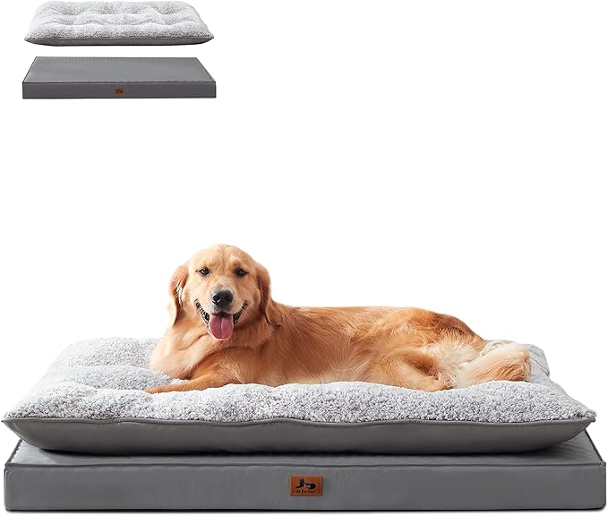 Warmrest 2-Pack Waterproof Dog Bed Large Size Dogs, Plush Cushion & Orthopedic Egg-Crate Foam Mattress for Senior Dogs, Washable Dog Crate Bed with Removable Cover, Dark Grey