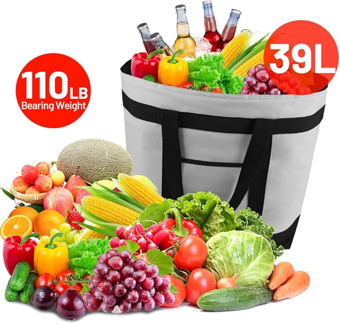 mosago Reusable Grocery Tote Bags, Insulated Cooler Shopping Bag for Women/Men, Pizza/Food Delivery Bags to Keep Food Hot/Cold for Uber Eats/Doordash/Grubub, Cooler Bag for Travel/Beach/Picnic, Grey