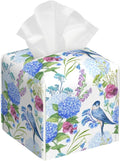 POIUBLE Leather Tissue Box Holder Bird with Blue Hydrangea Tissue Box Cover Square Waterproof Tissue Holder Organizer Modern Napkin Holder for Bedroom Dresser Night Stand Office Desk
