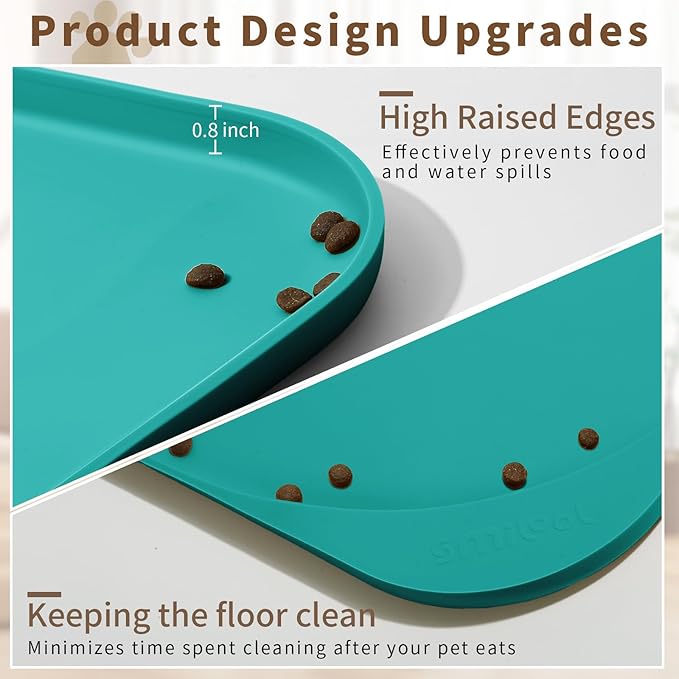 Smilool Silicone Pet Food Mat with Raised Edge for Food and Water Bowl, Dog Feeding Mats, Cat Food Trays for Floor Waterproof, Rubber Tray for Dogs and Cats, 22 x 14 x 0.8 Dark Turquoise