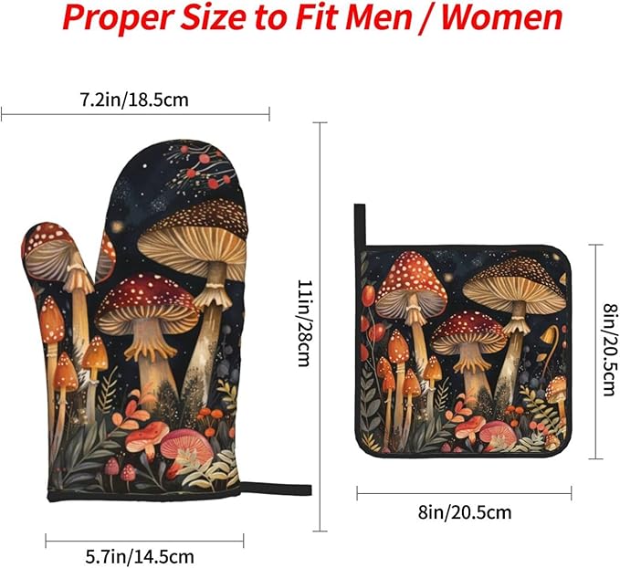 Oven Mitts and Pot Holders Sets of 4 Mushroom Vintage Botanical Kitchen Potholder Gloves Heat Resistant Non-Slip for Chef Baking Cooking Grilling BBQ Mittens