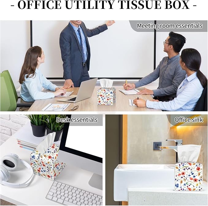 PVC Tissue Box Cover Holder,Watercolor Flower Square Decorative Organizer,5.2"X5.2"X5.2" Tissue Case for Bathroom,Tabletop,Car,Office