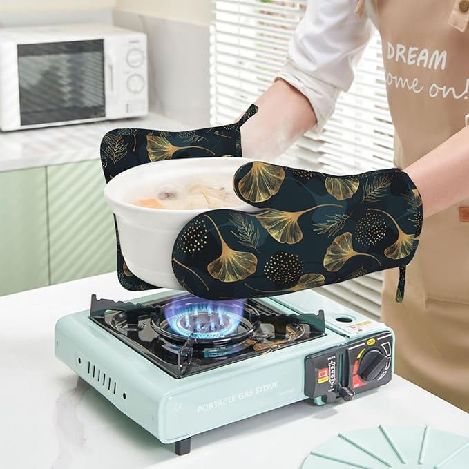 Leaves Vintage Floral Oven Mitts and Pot Holders Set of 4 Silicone Golden Gingko Leaf Kitchen Mitten Gloves and Green Leaves Potholders Set Heat Resistant Oven Gloves Hot Holders for Kitchen