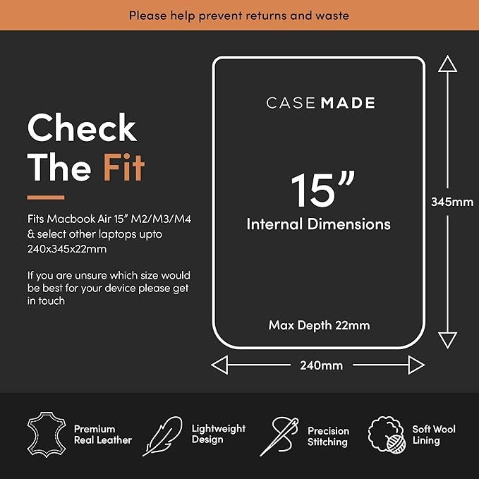 Casemade Real Leather Laptop Sleeve for MacBook Pro & Air Fits 13, 14, 15 & 16 Inch - Genuine Full Grain Leather with Soft Wool Lining (15 inch - Air M2/M3/M4)