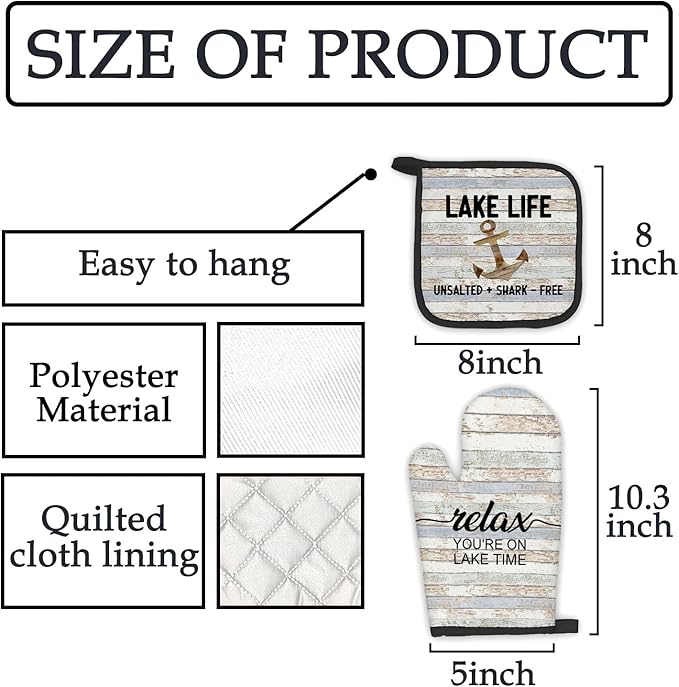 Lake House Gifts Oven Mitts and Pot Holders Sets, Lake Lovers House Kitchen Accessories Sets,Rustic Relax You’re on Lake Time Heat Resistant Oven Glove Potholders for Kitchen Cooking Baking BBQ