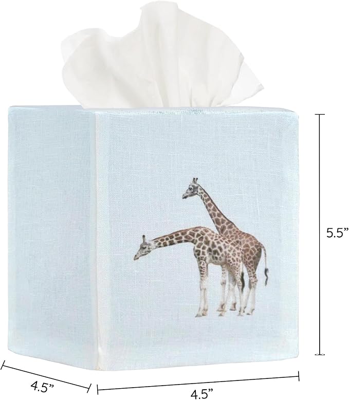 EmbroideryLinen.VN Tissue Box Cover Set of 2, Square Linen Tissue Holder, Printed Animal Pattern, 4.5x4.5x5.5 Inches, Decorative Holder for Bathroom, Living Room, Office (Giraffe)