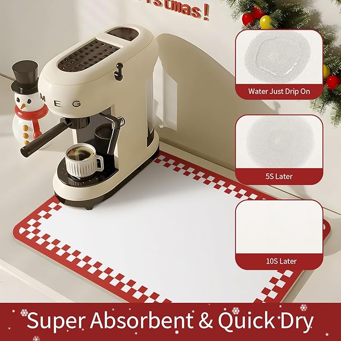 Red Coffee Mat for Countertop 16x24 Super Absorbent & Cuttable Kitchen Mat for Counter Coffee Maker Winter Kitchen Decor,Red White