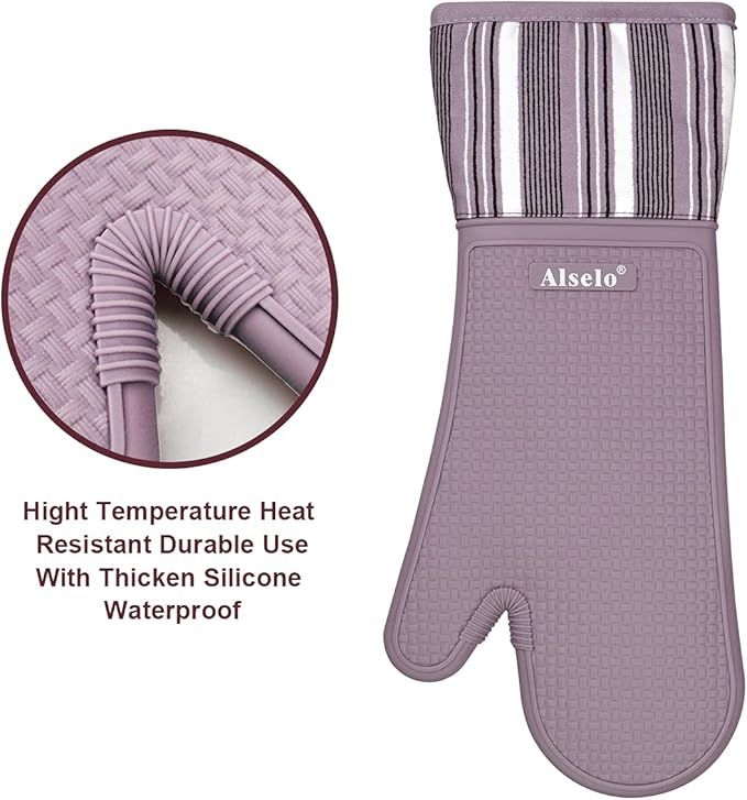 Silicone Oven Mitts Heat Resistant 550 Degree Extra Long Kitchen Gloves Pot Holders with Waterproof and Non-Silp for Baking Cooking Barbecue Microwave Machine Washable (Extra Long Purple, 2)
