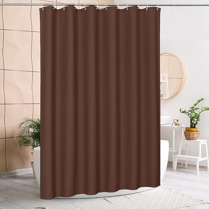 MitoVilla Brown Waffle Small Stall Shower Curtain 36 x 72, Half Size Fabric Narrow Shower Curtains for Bathroom Decor, 36 inch Weighted Shower Curtain Set with Plastic Hooks