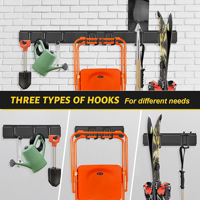 Suemoss Garage Tool Organizer Wall Mount, 64 Inches Garden Tool Organizer with Adjustable Hooks, Metal Garage Storage Rack Max Loading 620lbs, Tool Holder for Hanging Rake Broom Mop Snowboard