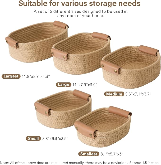 ECDYQXVU 5 Piece Storage Baskets Small Woven Basket with Detachable Leather Handle, Cotton Rope Shelf Baskets for Closet Organizers, Different Sizes Basket Decor, Jute Brown