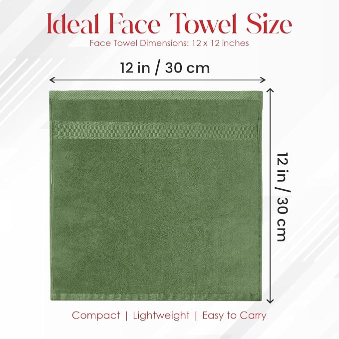 RIVERSIDE 12 Pack Premium 100% Cotton Face Wash Cloths, 12 x 12 Inches, Soft & Absorbent Face Towels for Bathroom Wash Clothes, 550 GSM, Luxury WashCloths for Showering, Body, Spa & Gym, Sage Green