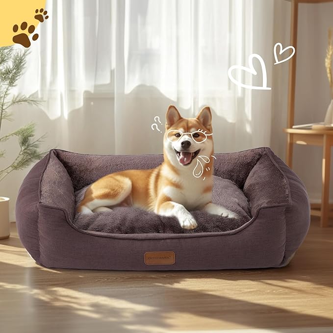 OUPEIWAWA Rectangle Dog Bed for Large Medium Small Dogs Washable Pet Bed with Bolster Sides Non-Slip Bottom Pet Sofa Waterproof Lining Durable Pet Cuddler, Dark-Brown, 33x 26x 7.5