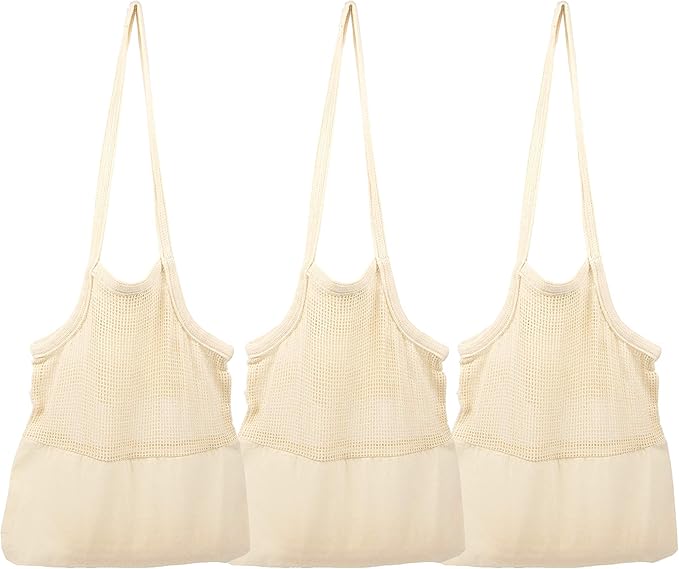 Reusable Mesh Grocery Shopping Bags - Organic Cotton Mesh Tote Bags - Net Farmers Market Bags with Reinforced Bottom - Mesh Mushroom Foraging Tote Bags - Portable Cotton French Market Tote (3 Bags)