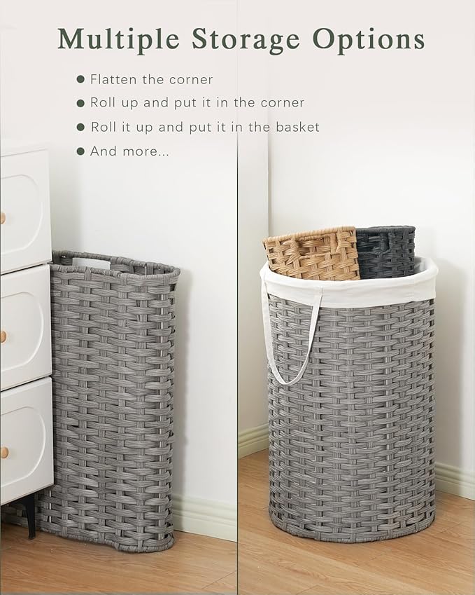 SETVSON Large Laundry Hamper Laundry Basket Round 34.3 Gal (130 L) Handwoven Wicker Laundry Baskets Rattan Laundry Basket with Laundry Bag Handles 2 Mesh Bags for Living Room Bedroom Gray