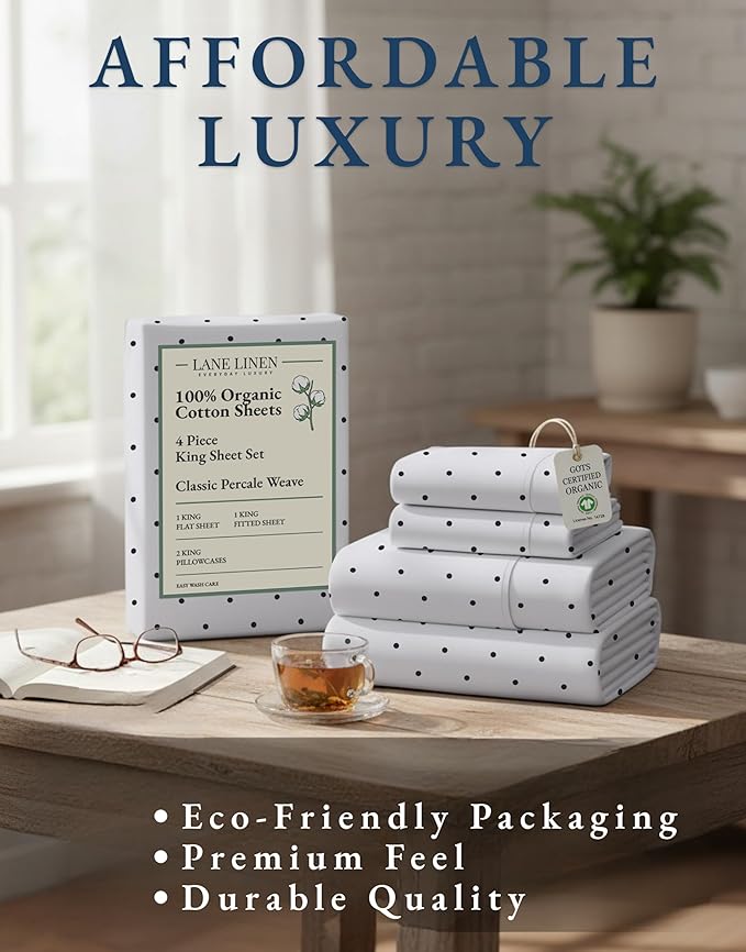 LANE LINEN 100% Organic Cotton Printed King Size Bed Sheets Machine Washable Fully Elasticized Low Pill Fade Resistant Cotton Sheets, Soft & Comfy Percale Eco Friendly sábanas King- Black Polka Dot