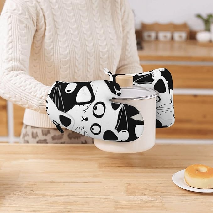 Funny Cat Oven Mitts and Pot Holders Sets, Home Silicone Heat Resistant BBQ Gloves for Kitchen Baking Cooking Grilling Microwave
