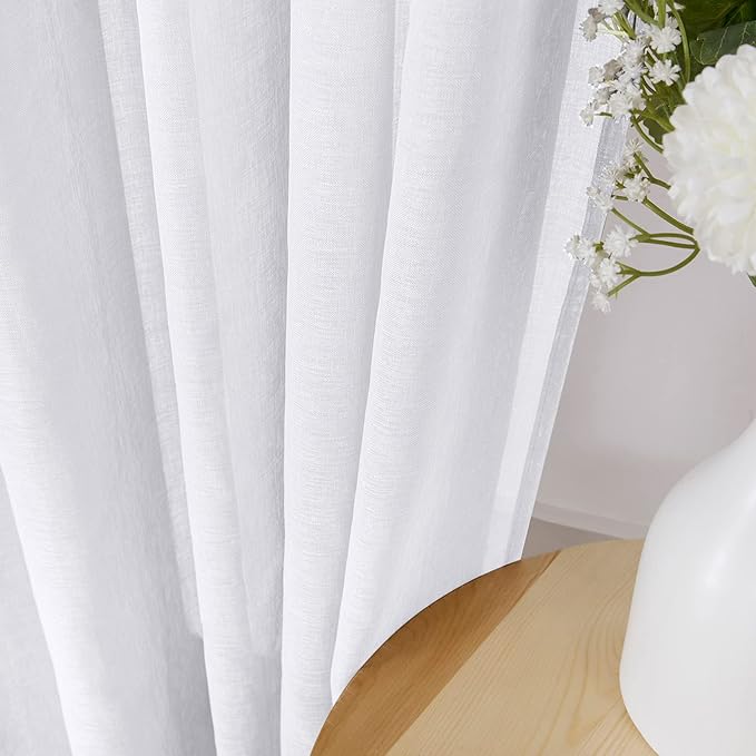 Tollpiz Short Sheer Curtain Linen Textured Bedroom Curtains Sheer Light Filtering Rod Pocket Voile Curtain for Living Room, 54 x 54 inches Long, White, Set of 2 Panels