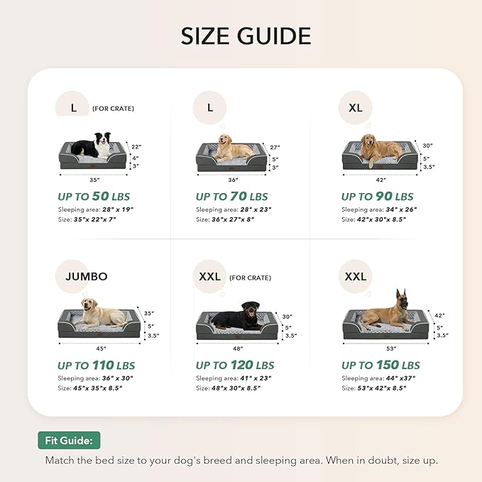 Casa Paw Orthopedic Dog Beds for Extra Large Sized Dogs, Waterproof Memory Foam XL Pet Bed with Sides 48x30Inch, Non-Slip and Egg-Crate Foam Big Dog Couch Bed with Removable Washable Cover, Dark Grey