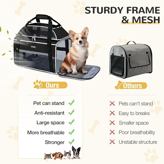 Lekereise Top-Expandable Pet Carrier 17x11x9.5 Inch Alaska Hawaiian Airline Approved Soft Sided Underseat to 12lbs Travel Carriers for Small Cats and Dogs with Locking Safety Zippers Anti-Scratch Mesh