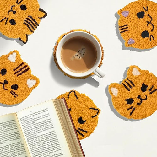 57lilina Punch Needle Coaster Kit for Adults Beginners, 6 Set Complete Animal Cat Punch Needle Stitching Embroidery Art Kit, Step-by-Step Guide Make Punch Needling Drink Coasters for Starter