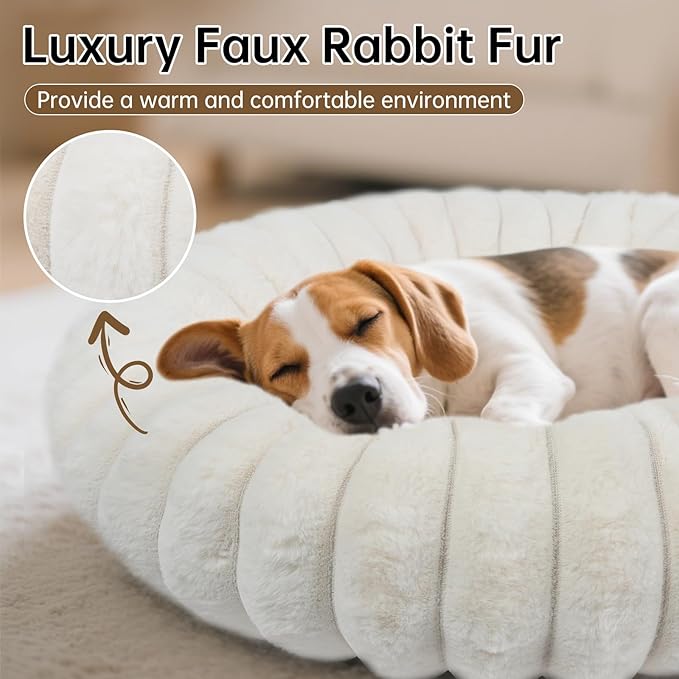 Vhen When Warming Faux Rabbit Fur Pet Beds – Luxurious Donut Dog & Cat Bed, Anti-Anxiety Calming Cuddler Bed for Small Medim Dogs, Washable Round Puppy Kitten Beds, Non-Slip Bottom(31x31x8, White)