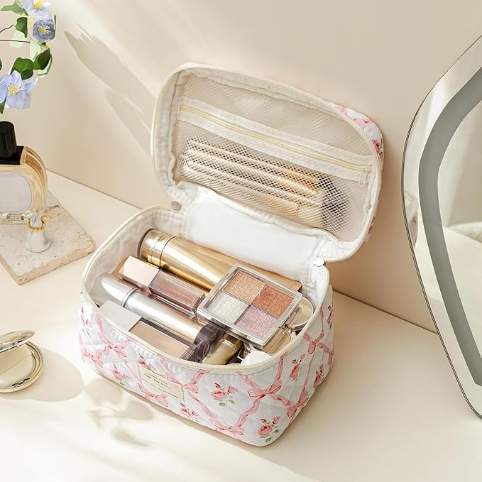 HBselect Christmas Gifts Large Quilted Makeup Bag, Cute Cotton Travel Makeup Bag with Handle, Portable Coquette Floral Make up Bags, Toiletry Organizer Make up Bags for Women Teen Girls Mom