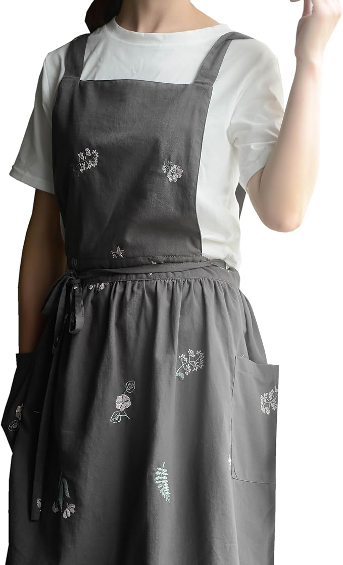 Japanese apron Women-Cross Back Apron for Women with Pockets, Pinafore Aprons, Womens Cotton Linen Apron