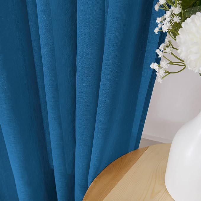 Tollpiz Sheer Tier Curtain Linen Textured Half Kitchen Curtains Sheer Light Filtering Rod Pocket Voile Small Curtains for Bathroom, 25 x 36 inches Long, Classic Blue, Set of 2 Panels