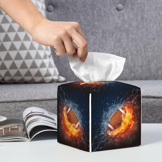 POIUBLE American Football in Fire and Water Tissue Box Cover Leather Tissue Box Holder Square Facial Paper Organizer Dispenser for Bathroom Kitchen Bedroom Vanity Countertop Night Stands