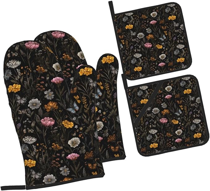 Oven Mitts and Pot Holders Sets of 4 Flower Butterfly Boho Botanical Kitchen Potholder Gloves Heat Resistant Non-Slip for Chef Baking Cooking Grilling BBQ Mittens