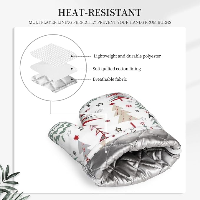 Silicone Oven Mitts and Pot Holders Sets, Home Beautiful Christmas Tree Heat Resistant BBQ Gloves for Kitchen Baking Cooking Grilling Microwave