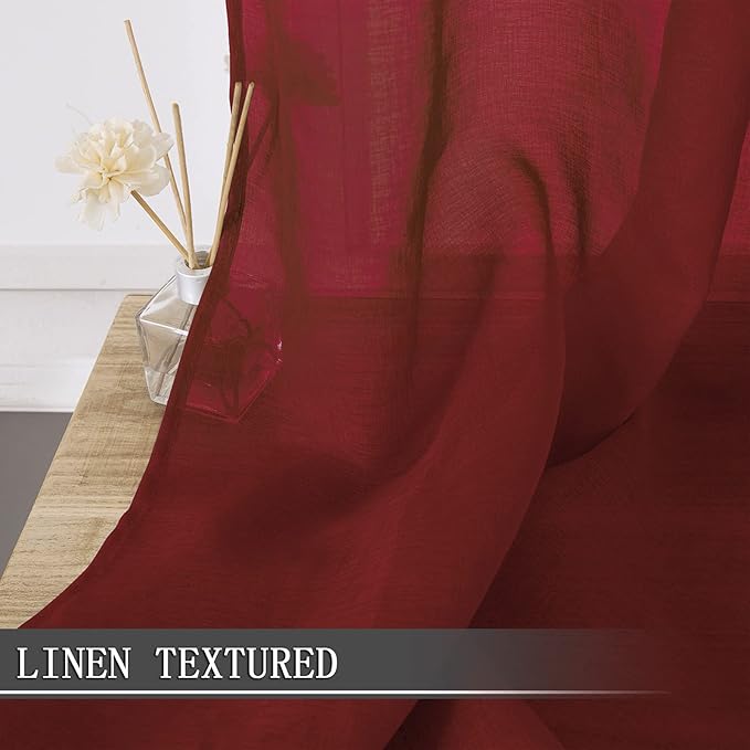 Tollpiz Sheer Curtains Living Room Linen Textured Curtain Sheers Light Filtering Voile Rod Pocket Curtains for Bedroom, 38 x 63 inches Long, Burgundy Red, Set of 2 Panels