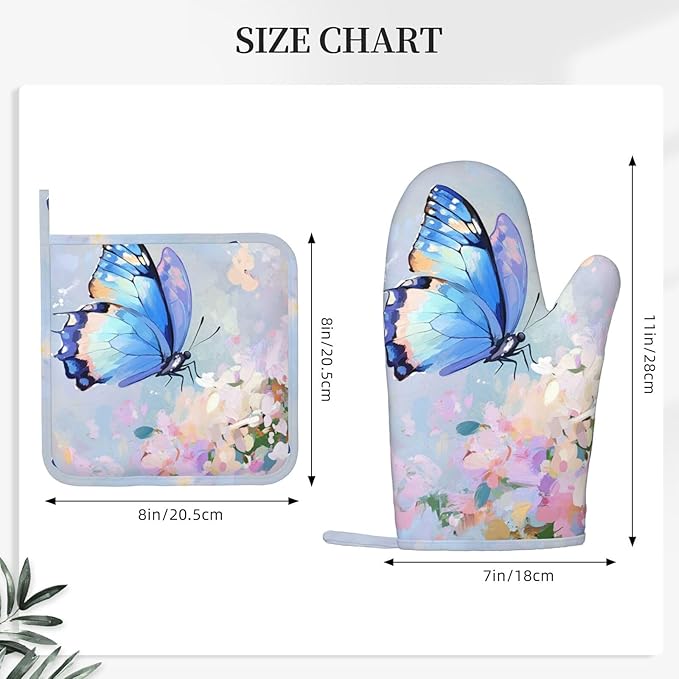 Oven Mitts Pot Holders Set Butterfly Flower Oil Painting Silicone Kitchen Gloves Potholders Heat Resistant for Chef Baking Cooking Grilling BBQ 4 Pack Mitt