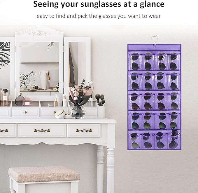 ANZORG Dual Sided Hanging Sunglasses Organizer Storage Wall Mounted Eyeglasses Holder Eyewear Display Case with 40 Clear Slots (40 Pockets-Purple)