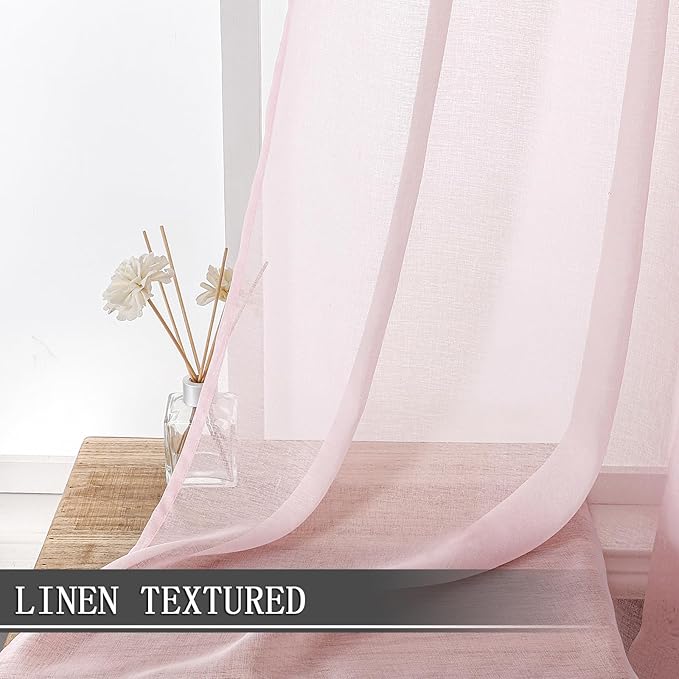 Tollpiz Sheer Curtains Bedroom Linen Textured Curtain Sheers Light Filtering Voile Rod Pocket Curtains for Living Room, 38 x 84 inches Long, Pink, Set of 2 Panels