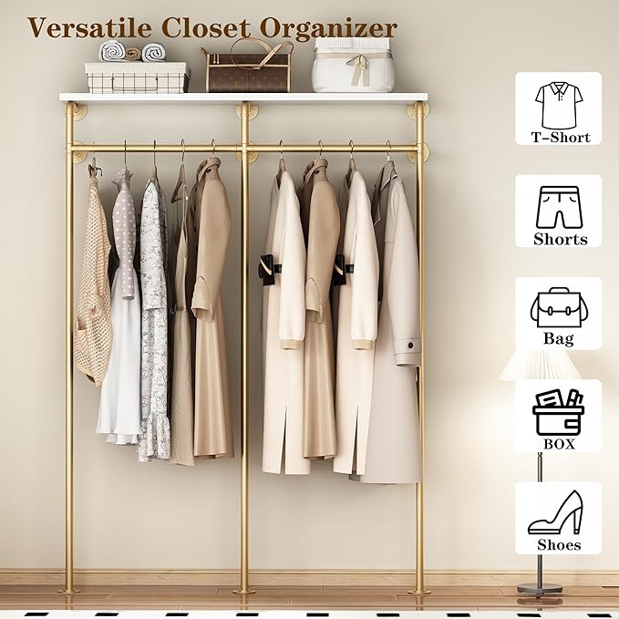 KAILNKISS Industrial Pipe Clothing Rack, Wall Mounted Clothes Rack Gold Clothing Rack with Shelf Wardrobe Multi-Purpose Storage Clothes Hanging Shelf-59''L Gold