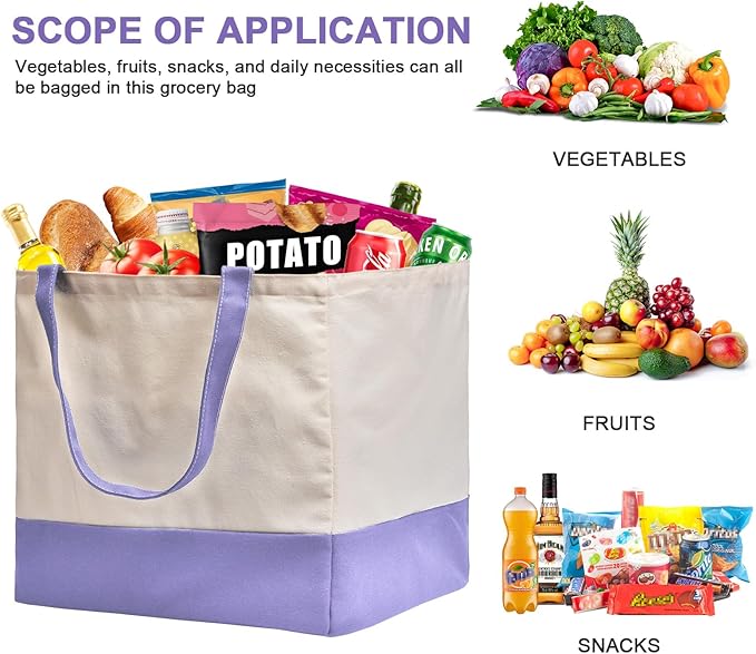CNaiyunpin Reusable Grocery Bags Heavy Duty, 8.3 gal Foldable Large Canvas Tote Bag with Handles, Holds 60 lbs Canvas Shopping Bags, 1 Pack（Off White+Light purple）