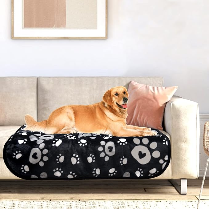 AHOOCUSTOM Dog Blanket, Soft Fleece Dog Blankets for Large Dogs, Fluffy Flannel Pet Cat Puppy Blanket Mat Cover for Bed Couch, Cute Paw Print Throw Blanket for Dogs, Black 50"X40"