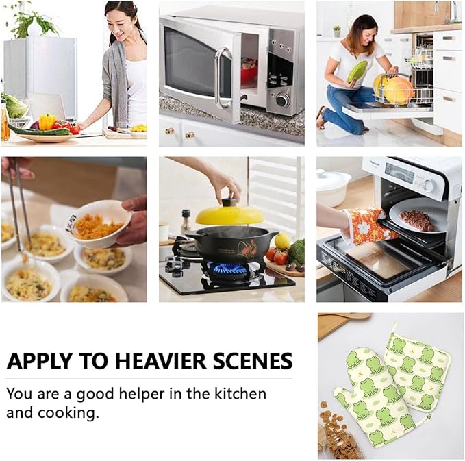 Cute Frog Oven Mitts and Pot Holders Set of 4 Silicone Heat Resistant Oven Mitten Potholders Non Slip Gloves Kitchen Decor for BBQ Cooking Grilling Baking