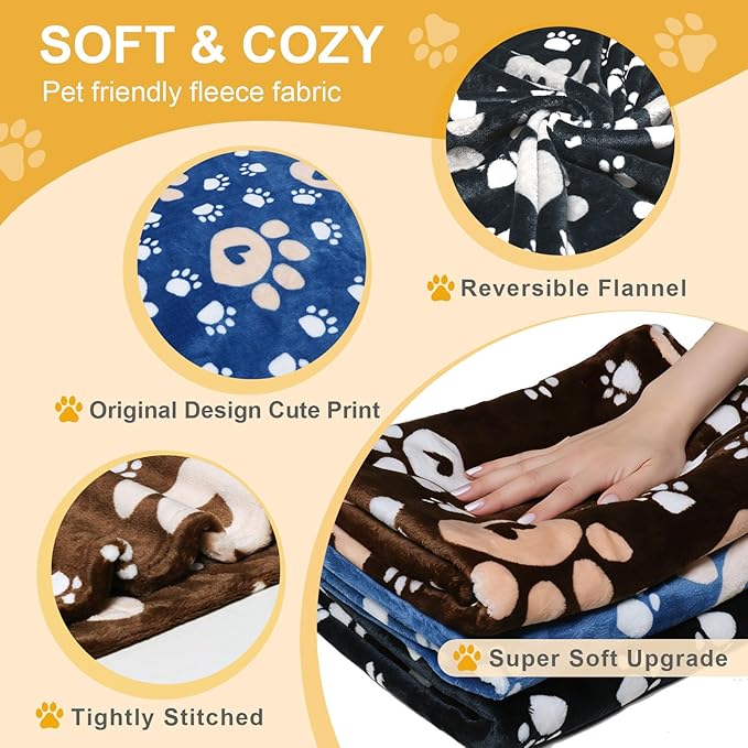 Gowyeg Premium Dog Blankets for Large Dogs & Cat Flannel Blanket Washable, Soft Pet Throw Cover for Kennel Crate Bed, Cute Paw Pattern, 41x31 inch,Blue/Black/Brow