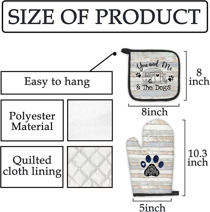 Camper Dog Lover Gifts Oven Mitts and Pot Holders Sets, Gifts for Camping Dog Lovers Kitchen Accessories Sets, Camping Dog Themed Heat Resistant Oven Glove Potholders for Rv Kitchen Cooking BBQ