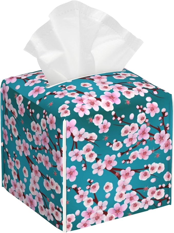 BLYKVGHQ Pink Cherry Blossom Branches Tissue Box Cover Square, Tissue Box Holder with Bottom Belt Leather Facial Paper Organizer Dispenser for Bathroom Bedroom Dresser Night Stand Tabletop
