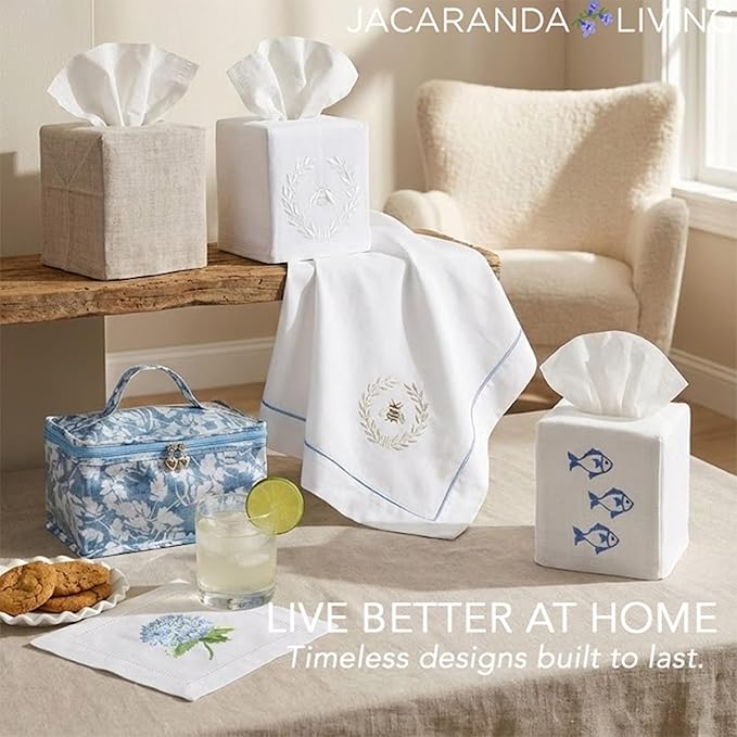 Jacaranda Living Square Tissue Box Cover, Linen/Cotton Fabric Tissue Holder, Decorative Cloth Tissue Cube Cover, Nature Designs Napoleon Bee Wreath (Navy)
